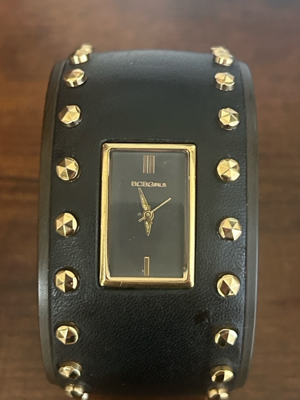 “REASONABLE OFFERS” BCBGeneration Black and Gold Studded Leather Cuff Watch⌚️ - Picture 2 of 4